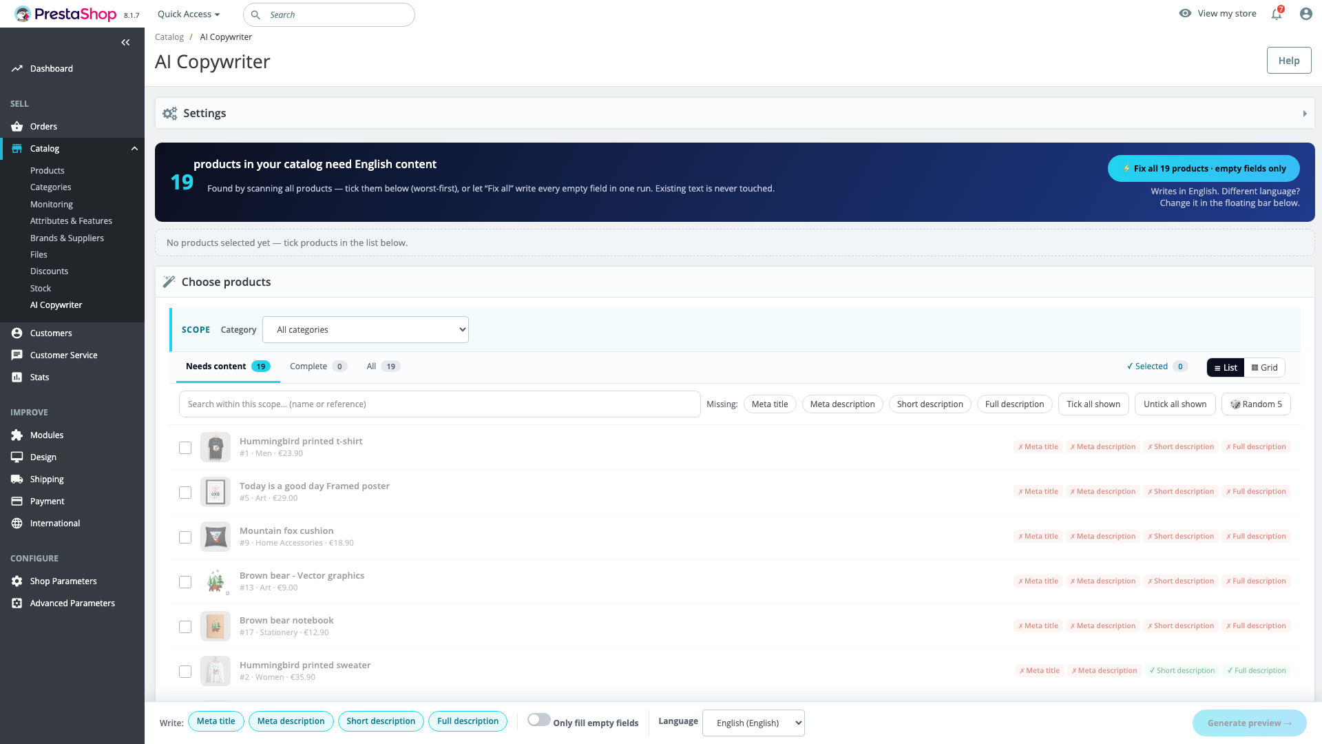The AI Copywriter screen in the PrestaShop back office, reporting that 19 products need content, with a button that writes every empty field in one run.