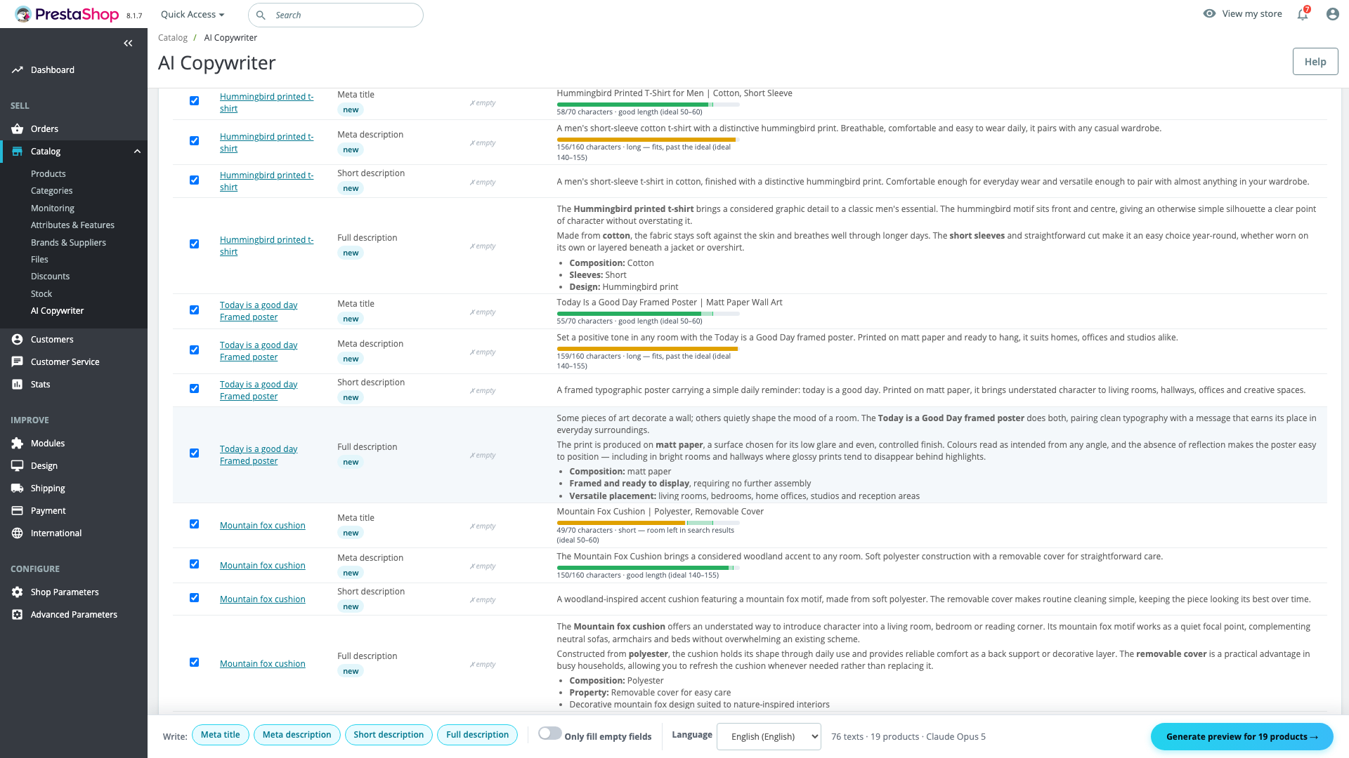 The review table, showing the old text beside the newly generated meta title, meta description, short and full description for each product, every SEO length meter green, each row marked new, changed or unchanged, and the tokens the preview used.
