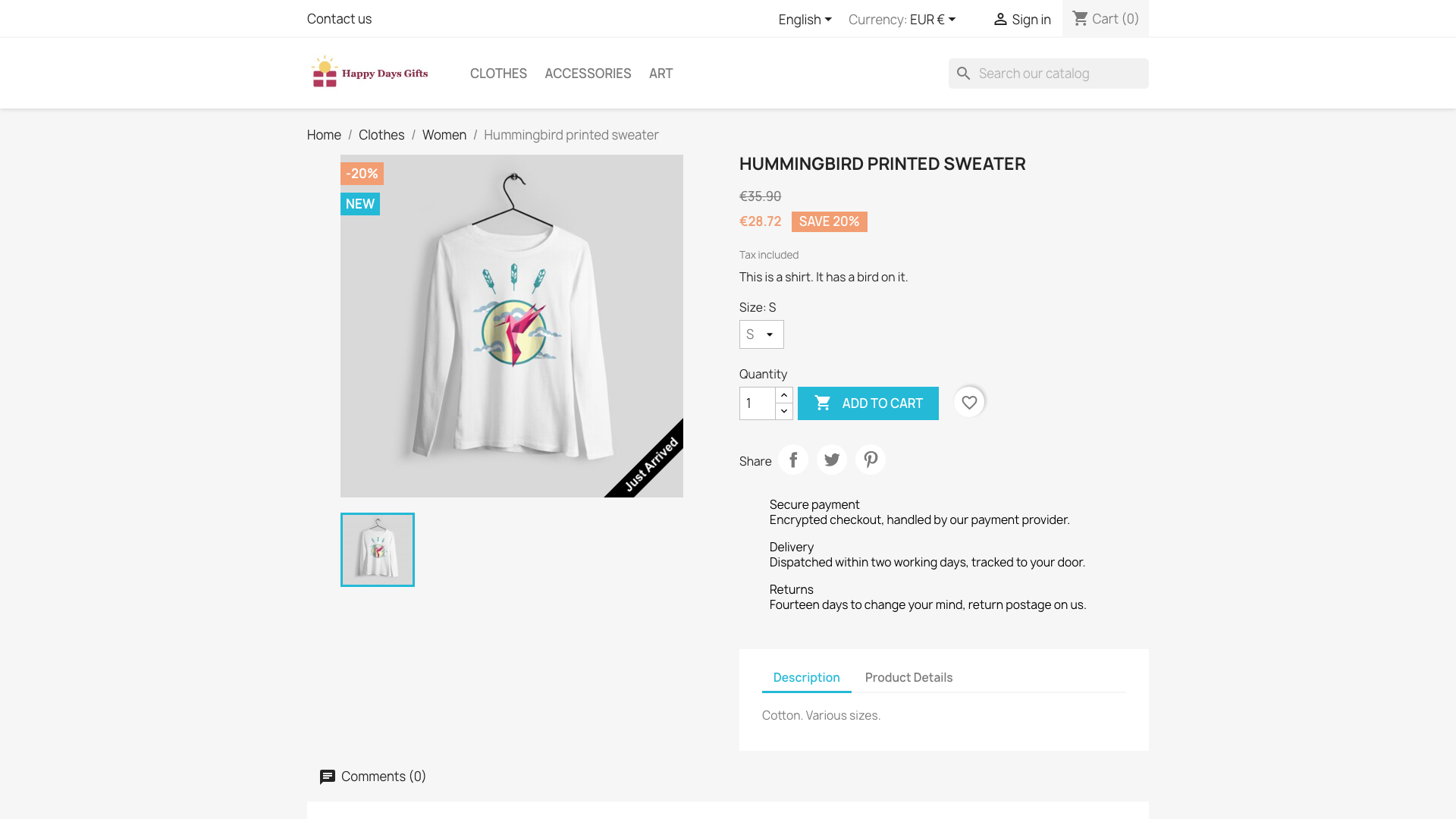 A product page on the storefront before the module runs: the sweater's description reads only