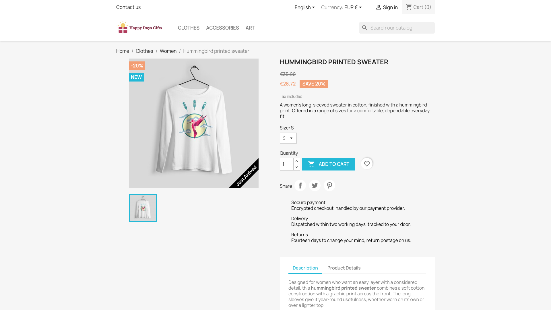 The same product page after the module runs, with a full description covering the cotton fabric, the long sleeves and the hummingbird print.