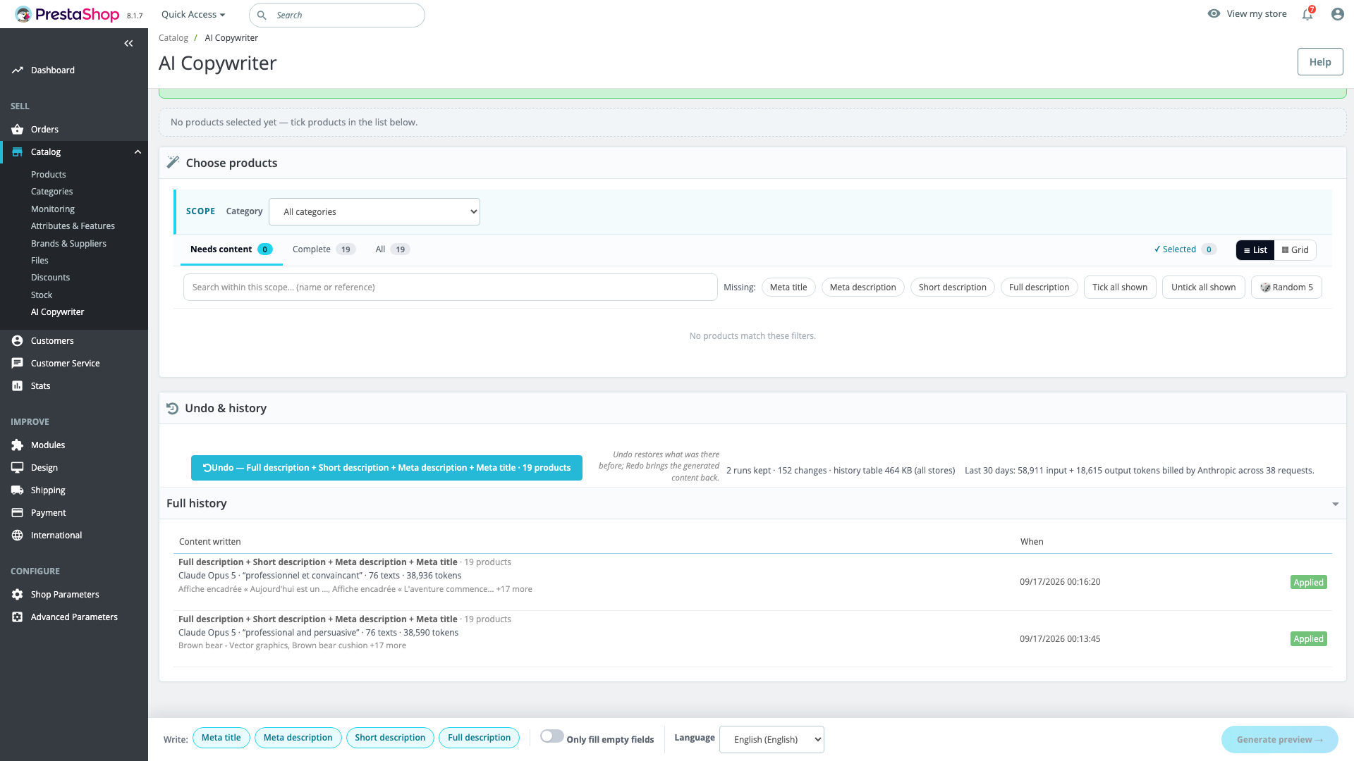 The run history, listing each applied run with the model, brand voice and tokens it used, and an Undo button.