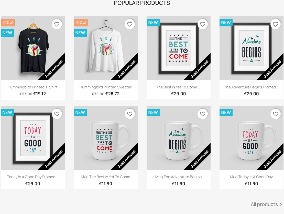 A PrestaShop category page where each new product carries a diagonal "Just Arrived" ribbon in the corner of its image.