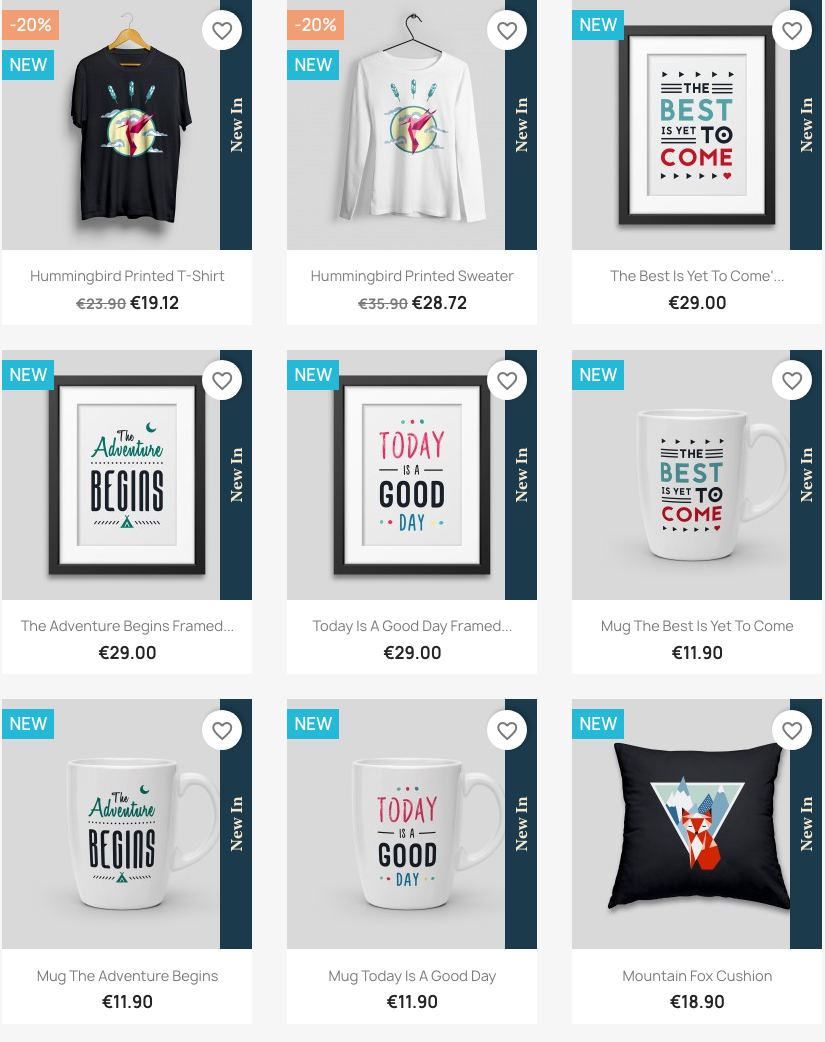 The same category page with the banner configured completely differently: a vertical bar down the right-hand edge of each product image, reading